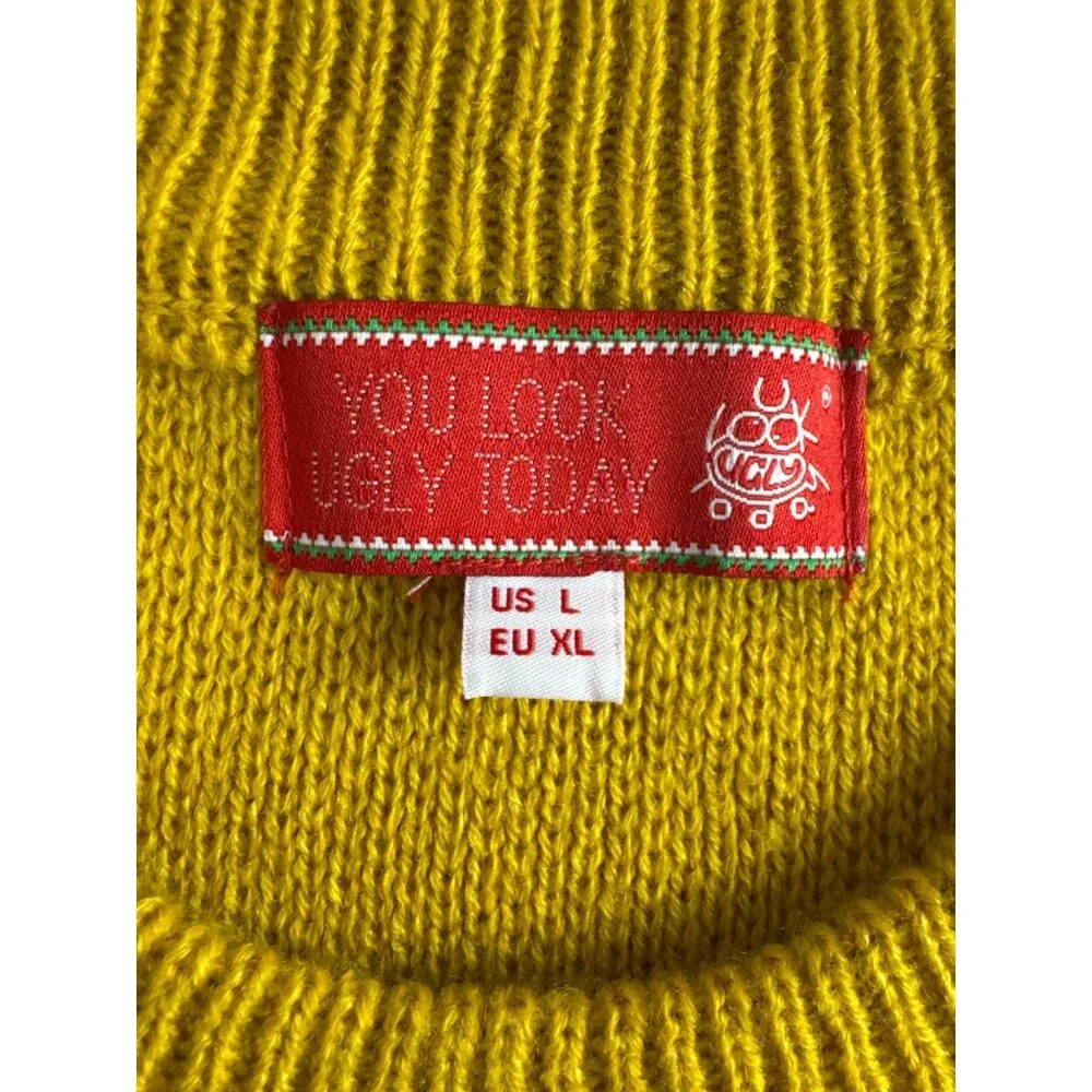 Ugly Christmas Sweater Yellow With Reindeer Design US L EU XL 100% Acrylic Holid - Picture 4 of 8
